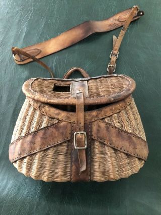 Vintage Wicker And Leather Creel Fishing Basket With Strap