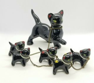 Vintage Ceramic Black Mama Cat With 5 Kittens Chain Redware Red Clay Japan