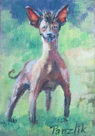Mini - Painting Aceo - Card,  Dog Chinese Crested Pocket Art Accessory Gift
