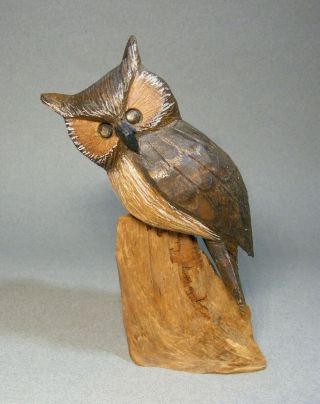 John Cowden Woodcarvers Carved Painted Owl On Driftwood Base