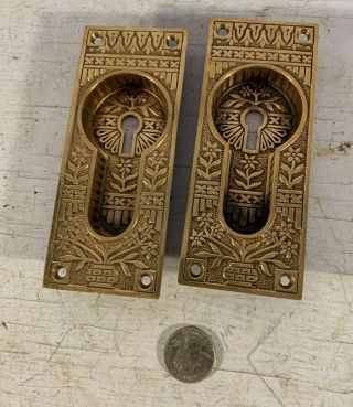 Pair Key Hole Antique Victorian Era Brass Pocket Door Pull Handles Flush
