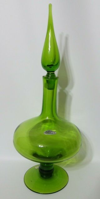 Vintage Mid Century Blenko Glass Green Footed Decanter 6212 Stickers