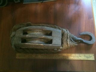 Antique Block And Tackle Pulley Marine Rope And Wood