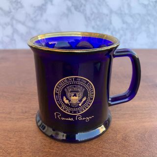 Cobalt Blue & Gold Glass Mug Ronald Reagan Signature & Presidential Seal