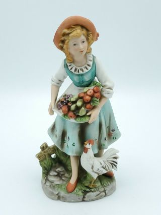 Homco Home Interiors Farm Girl Chicken Fruit Basket Porcelain Figurine 1888