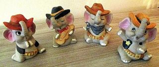 Set Of Four Vintage Enesco Bisque Porcelain Elephant Cowboys 3.  5 " Ex.  Cond.
