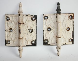 Pair Antique Steeple Topped Cast Iron Door Hinges 3.  5 " X 3.  5 "