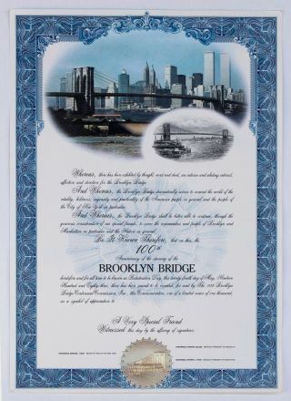 Brooklyn Bridge Centennial Celebration Certificate (1883 - 1983),  Abn Co.