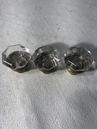Set Of Three Vintage Glass Drawer Knobs With Brass Finish