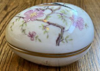 Antique LIMOGES France Floral Bird Pattern Egg Shaped Porcelain Trinket Box 2