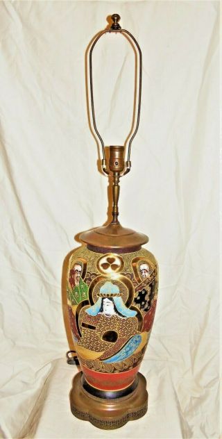 Vintage Japanese Satsuma Moriage Vase Table Lamp Kannon & Immortals Motif 34 "