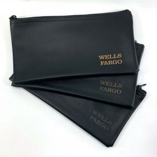Vtg (set Of 3) Wells Fargo Bank Money Deposit Bag W/ Zippers - Black/gold Pouch