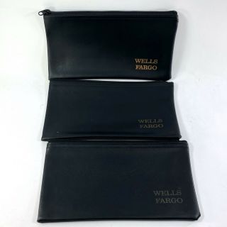 VTG (SET OF 3) Wells Fargo Bank Money Deposit Bag w/ Zippers - Black/Gold Pouch 3