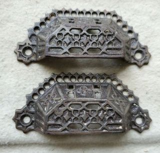 Pair Antique Cast Iron Filigree Bin Drawer Pulls Perfect Patina