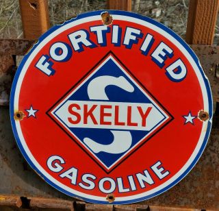 Vintage Skelly Gasoline Porcelain Enamel Gas Pump Oil Service Station Sign