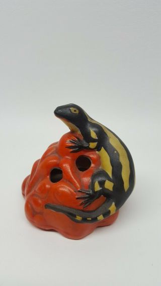 Vintage Japan Lizard Flower Frog Black Yellow Striped Porcelain About 3 " Tall