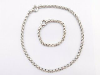 Vintage Sterling Silver 925 Round Box Chain Necklace And Bracelet Set 6mm 82g