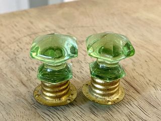 (2) Antique Green Art Deco Depression Glass Overmyers Threaded Door Drawer Pull
