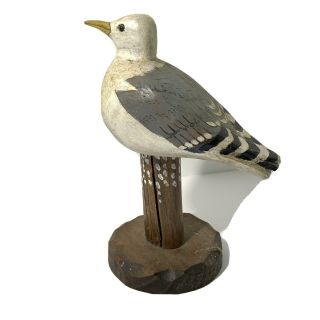 Vintage Artist Signed Carved Wood Seagull Bird Figurine Painted Wood Base Oloff