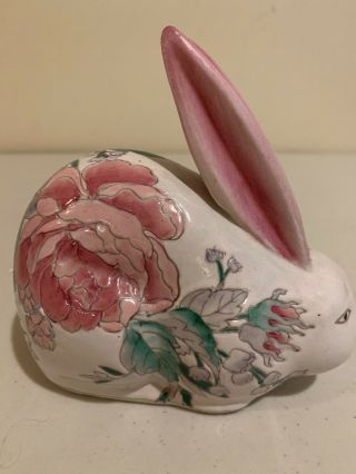 Vintage Ceramic Hand Painted Rabbit Bunny Floral Figurine 6x6x3.  5 China Pink Ear