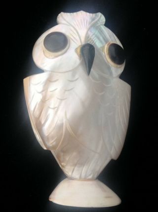 Carved Mother Of Pearl Shell Owl Figurine Toothpick Holder