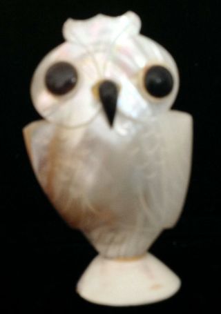 CARVED MOTHER of PEARL SHELL OWL FIGURINE TOOTHPICK HOLDER 2