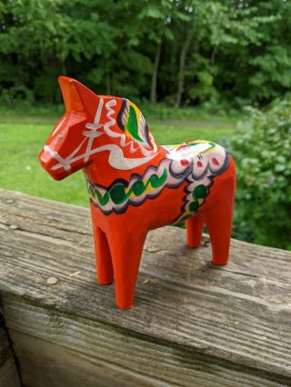 Vintage Large Swedish Wooden Red Dala Horse Hand Crafted By Nils Olson Folk Art