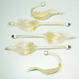 5 Vtg Murano Glass Chandelier Replacement Parts Gold & Clear Leaf Feather Motif