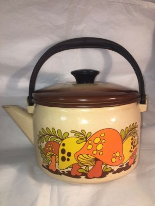 Vtg 60s 70s Sears Merry Mushroom Enamel Teapot Enamelware Tea Kettle Pot Retro
