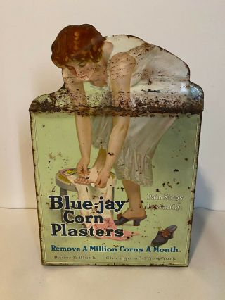 Vintage Tin Sign Store Display Case Advertising Box Blue - Jay Corn Plasters 1930s