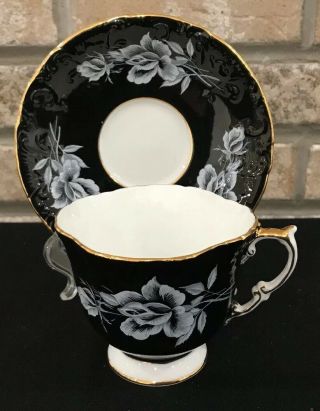 Vintage Aynsley Teacup And Saucer Black White Rose Gold Trim Squared