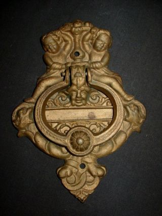 Vintage Cast Iron Cherub Door Knocker Letters Slot Lrg Ornate Art Nouveau
