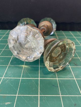 2 Pairs Of Antique Glass Crystal And Brass Door Knobs 12 Point