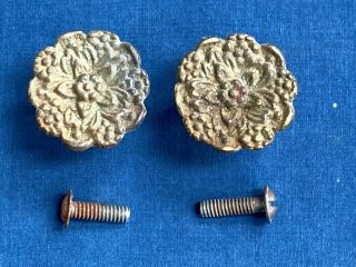 Pair Vintage Antique Brass Drawer Pull Knobs Floral Design 1 1/4 "