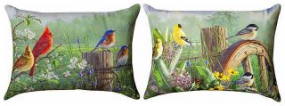 Pillows - " Backyard Birds " Indoor Outdoor Reversible Pillow - 13 " X 18 "