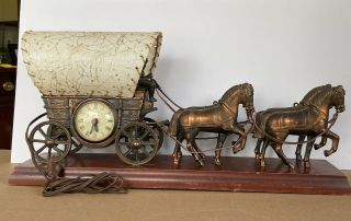 United Clock Corp 550 Horse - Drawn Covered Wagon Clock W/light,  Vintage Red Gem