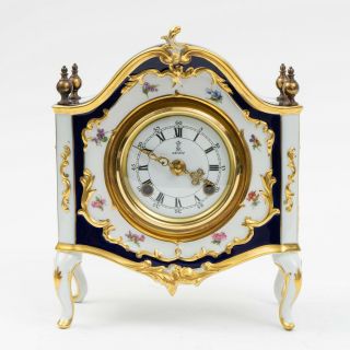 Vintage Kaiser Porcelain Shelf Mantel Clock Blue W/ Gold Gilt Brass Finials