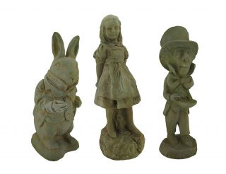 3 Pc.  Adventures In Wonderland Alice White Rabbit & Mad Hatter Cement Statue Set
