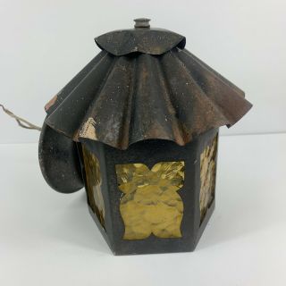 Vintage Outdoor Porch Light Fixture Metal Amber Glass Hexagon Sconce Mission MCM 3