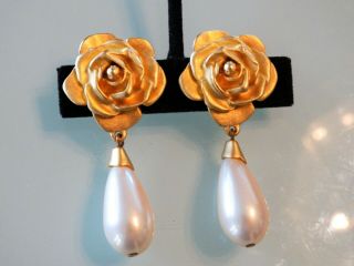 Vtg 80s Givenchy Paris Etruscan Gilt Flower Glass Pearl Drop Big Runway Earrings
