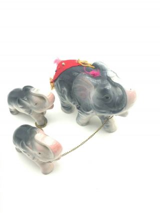 Vintage Porcelain Circus Elephant Family Figurines With Chain Connection