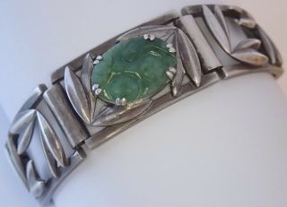 Vintage Art Deco Sterling Silver Carved Green Jade Bracelet