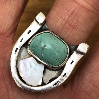 Navajo Turquoise Horseshoe Ring Sz 9 Silver 10g Mother Of Pearl Vintage Indian
