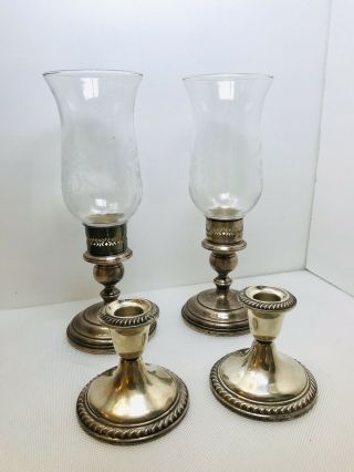 Vintage Two Pair Sterling Silver Candlesticks,  Alvin & Gorham With Glass Cover