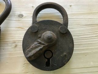 Two Antique vintage metal padlocks and key,  ornate metal padlock. 2