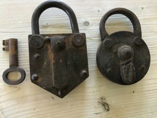 Two Antique vintage metal padlocks and key,  ornate metal padlock. 3