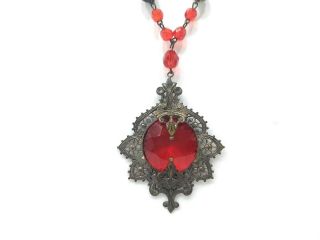Antique 1920s 1930s Art Deco Red Glass Bead Gilt Filigree Necklace; Czech Marked