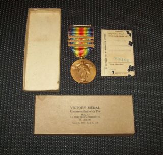 Vintage Wwi Victory Medal S G Adams St Louis Mo W/ Box 3 Battle Bars