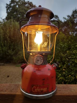 Vintage 9/53 Coleman 200a Red Single Mantle White Gas Camping Lantern W/ Safe