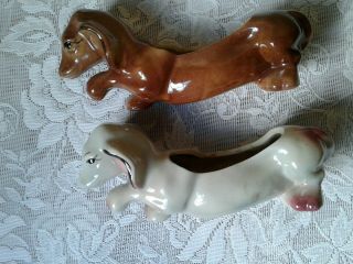 2 Mid - Century 1940 - 50’s Pottery Art Dachshunds Gray Pink,  Brown Dog Planter